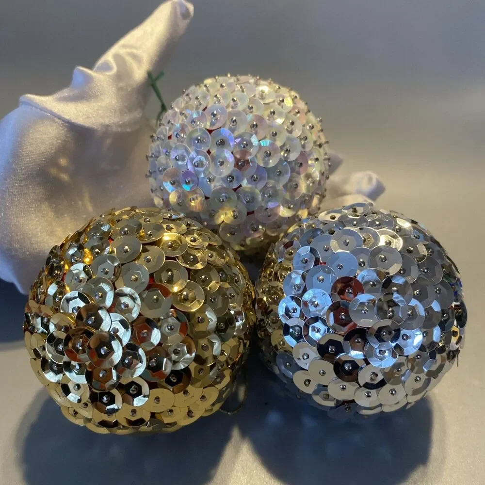 3 Vintage Christmas Sequin Push Pin Ornaments Gold Silver White Ball Handmade